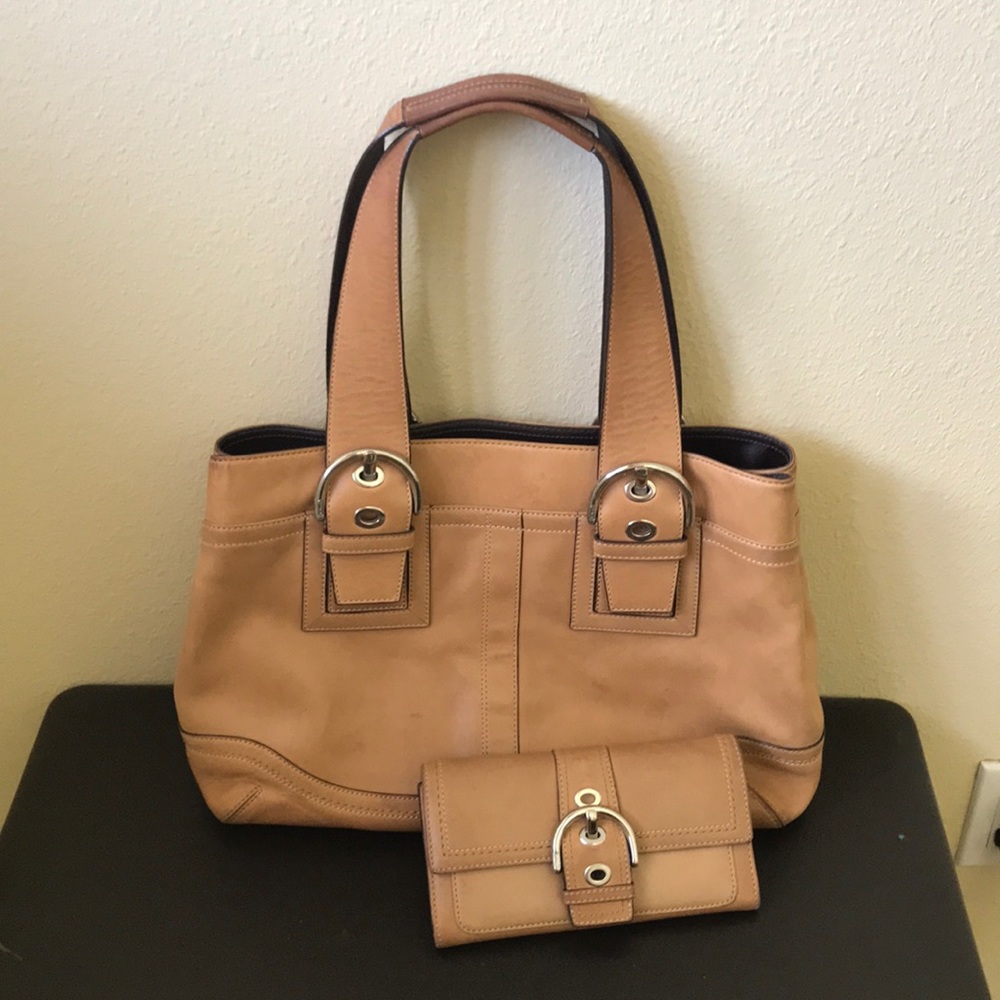 Tan Coach Tote Bag and Wallet Set